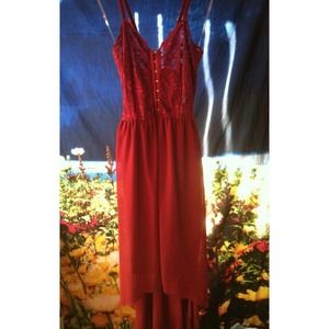 Small, maroon, high low lace dress