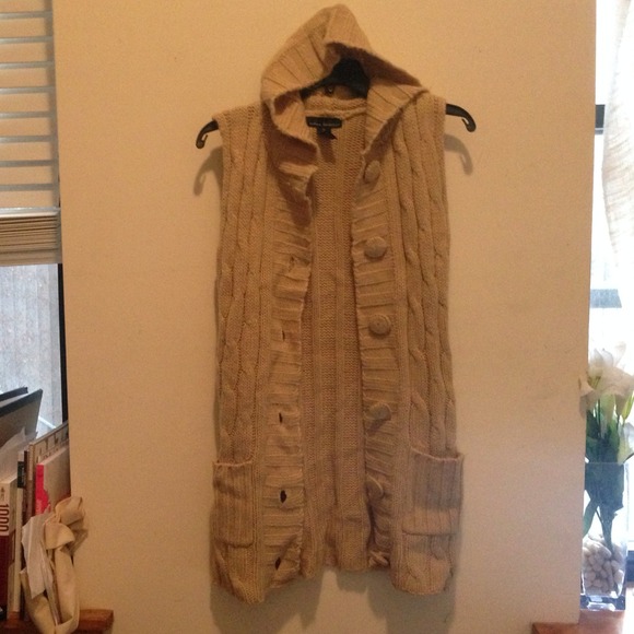 Long camel colored knit vest with hood