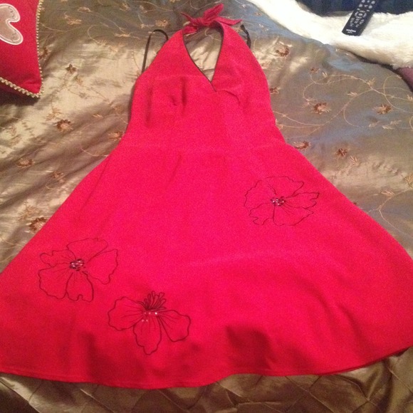 Red Halter Top dress with black flowers