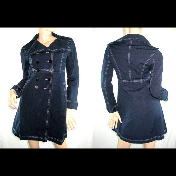 Navy Blue pea double breasted trench coat jacket - Picture 3 of 5