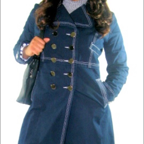 Navy Blue pea double breasted trench coat jacket - Picture 4 of 5