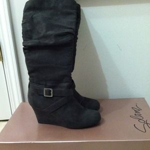 Grey suede wedge boots with buckle detail