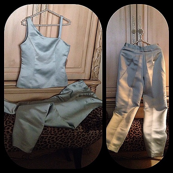 Couture ice blue satin pant suit - Picture 2 of 4