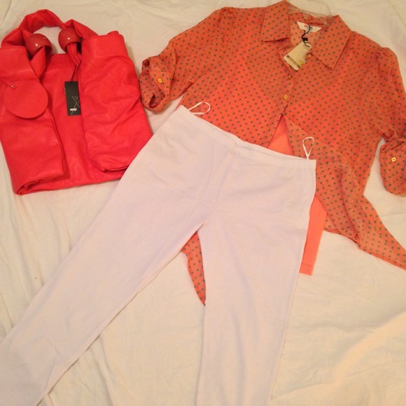 Peach and white top with white tights