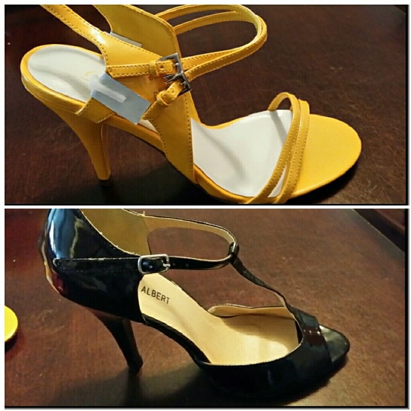 Yellow strappy heel, blk open toe heel