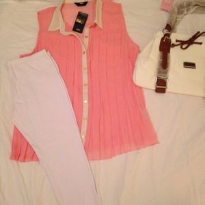 Peach and white top/white tights