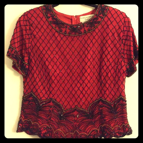 Vintage Red & Black Beaded Sequin Blouse