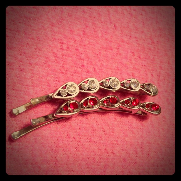 Silver, and red rhinestone bobby pins