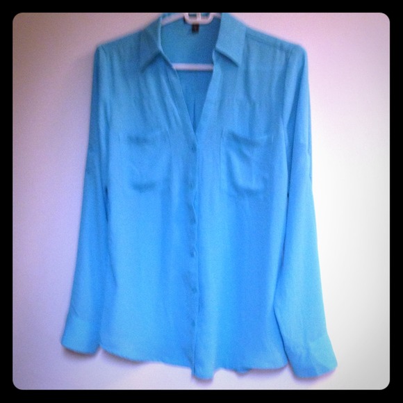 Express Tops - Express Aqua Button Up Blouse