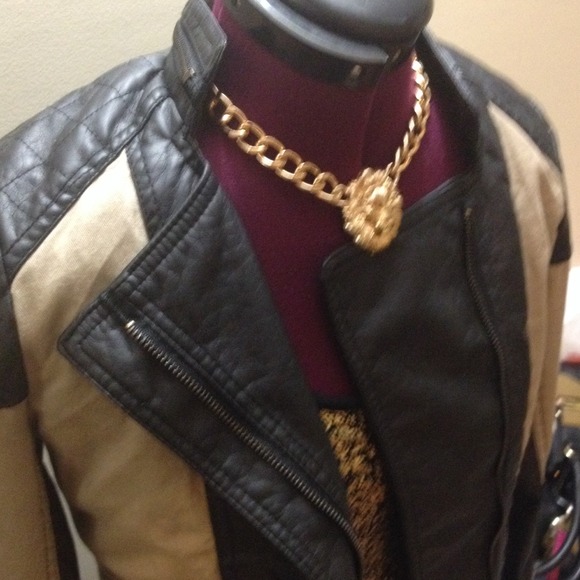 Khaki and pleather Moto fashion jacket - Picture 2 of 4