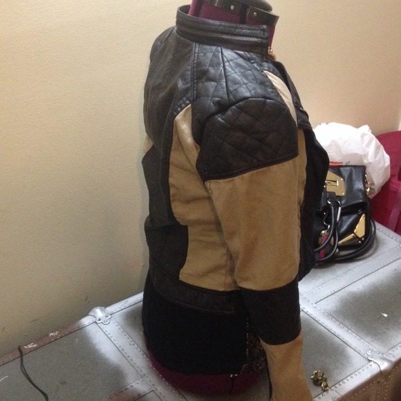 Khaki and pleather Moto fashion jacket - Picture 3 of 4