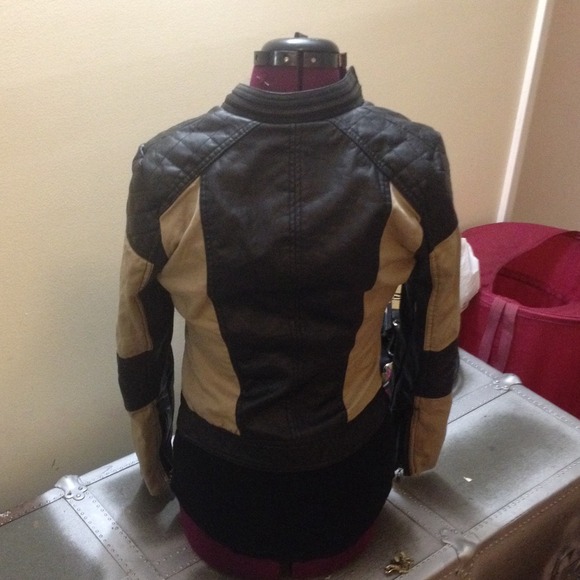 Khaki and pleather Moto fashion jacket - Picture 4 of 4