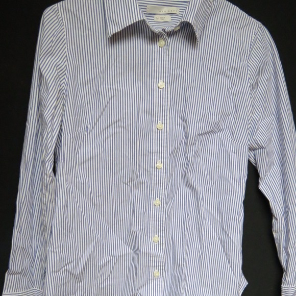 Blue and white striped fitted dress top.