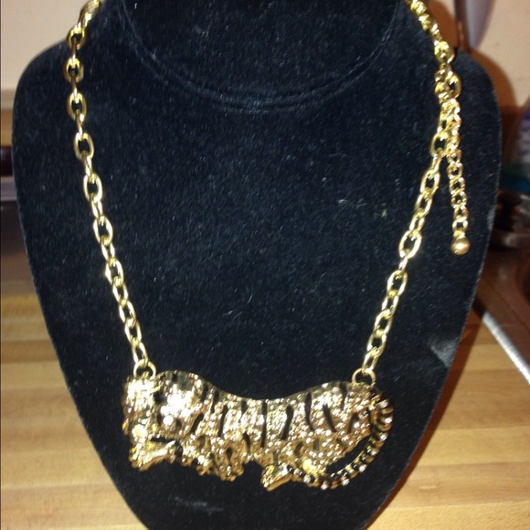Gold Tone Tiger Chain Rhinestone Necklace. - Picture 1 of 1