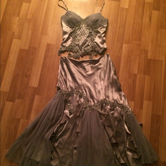 CACHE sz.10 satin Pewter/Gray 2pc. Formal Gown