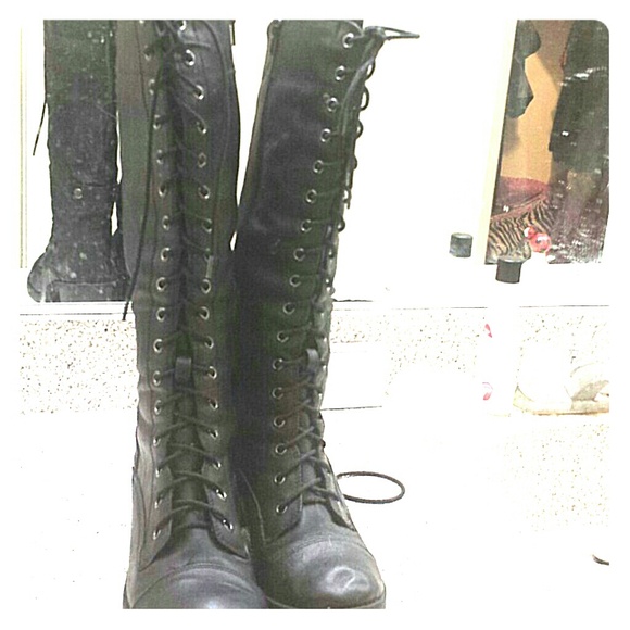 Black, knee-high, combat boots