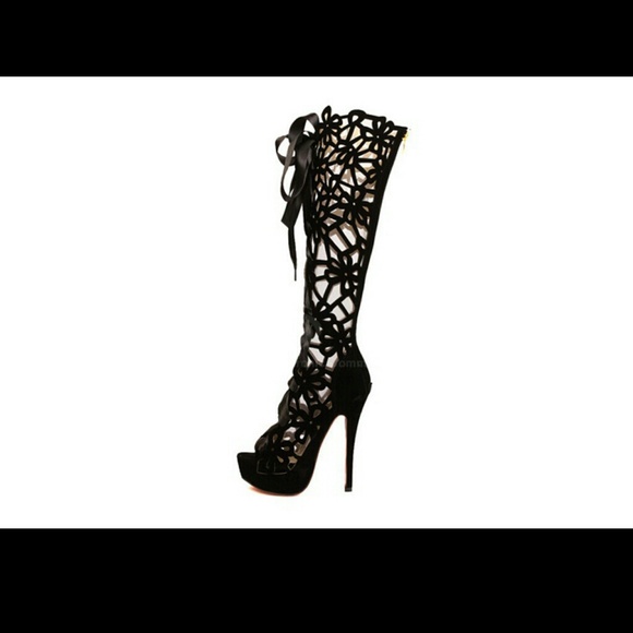 Sexy Black Laceup Openworks Heel Boots - Picture 3 of 4