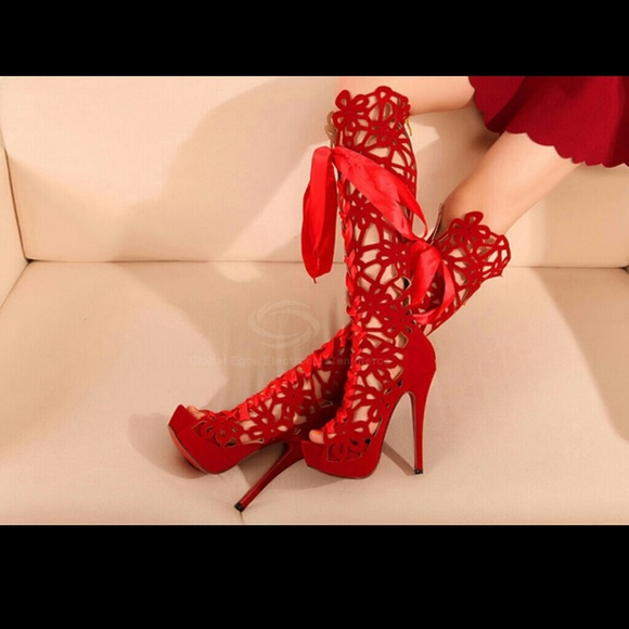 Sexy Black Laceup Openworks Heel Boots - Picture 4 of 4