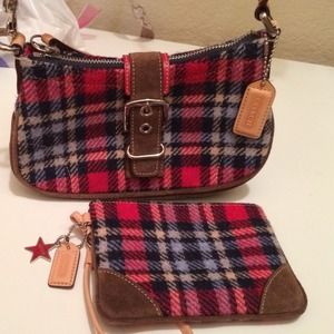 Coach plaid wool handbag with matching wallet