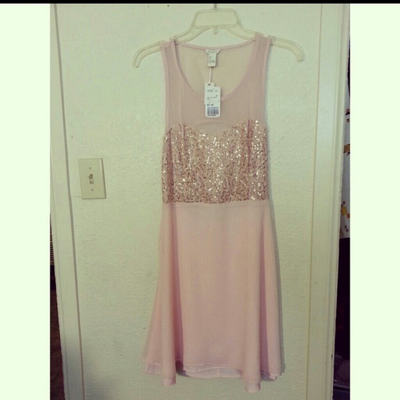Pink skater dress with gold sequins & open bacK