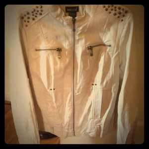 Creme leather jacket with gold studs & zippers