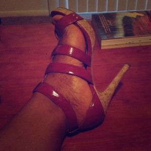 Purple/burgundy heels with gold buckles