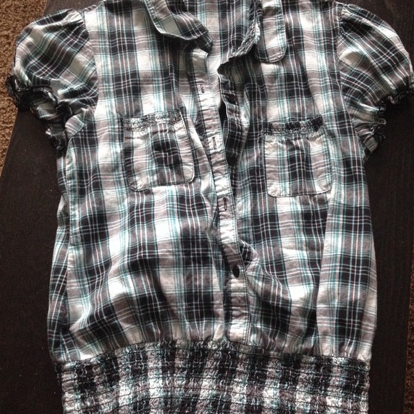 Teal and black plaid shirt