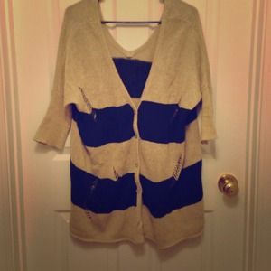 Distressed Brown Cardigan with Navy Blue Strips