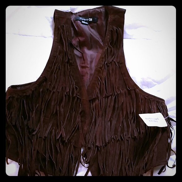 100%leather fringe vest -brown by F21