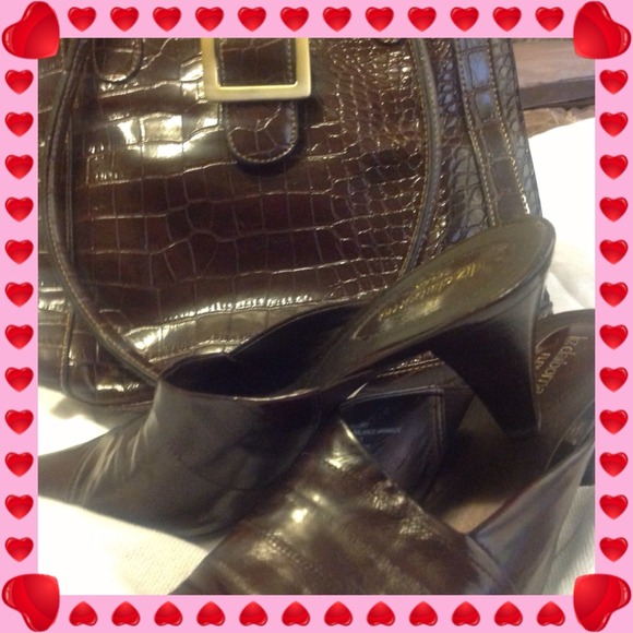 brown leather mules slides & purse