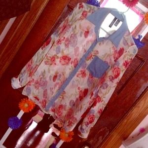 Sheer floral button down shirt