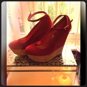 Red Suede Like Cork Bottom Wedges