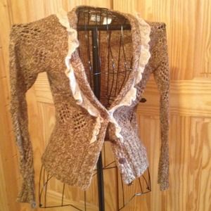 Brown and tan cardigan with ruffle detailing