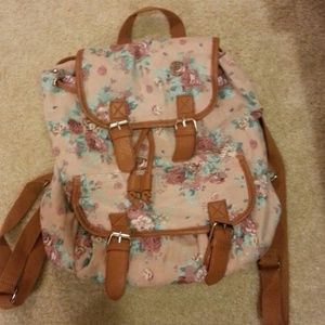 Floral and tan leather (faux) Backpack. Cute!
