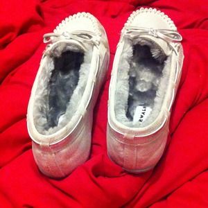 Grey and silver womens fur shoes
