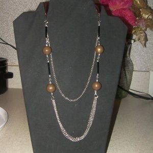 Long Brown Beaded Necklace with Silver Chains