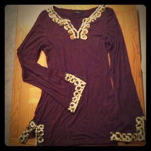 Brown long sleeve sequined and beaded top