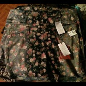 Floral denim shorts.