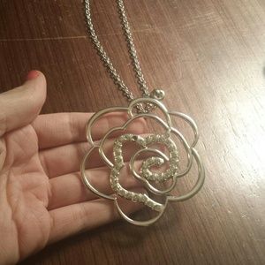Long silver chain. Rose necklace.