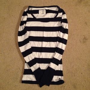 Navy and white striped shirt.