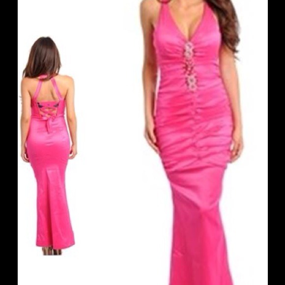 💐🟡Fuchsia Pink Beaded Front Gown-Small - Picture 2 of 5