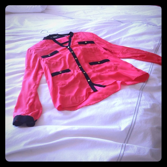 Coral button down silky top