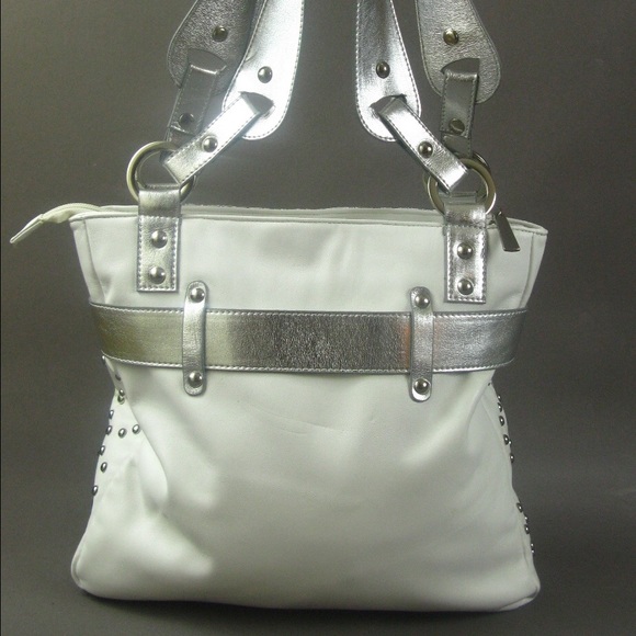 Belted white silver studded bag purse tote - Picture 2 of 4
