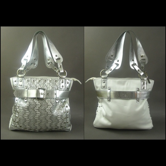 Belted white silver studded bag purse tote - Picture 3 of 4