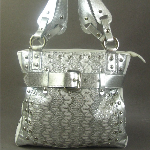 Belted white silver studded bag purse tote - Picture 4 of 4