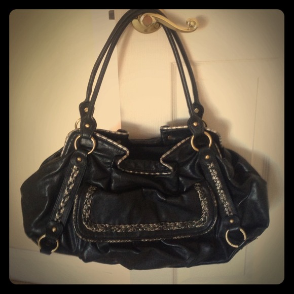 Medium sized black & gray designed handbag
