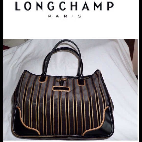 LONGCHAMP Black Gray Tan Striped Velvet Tote