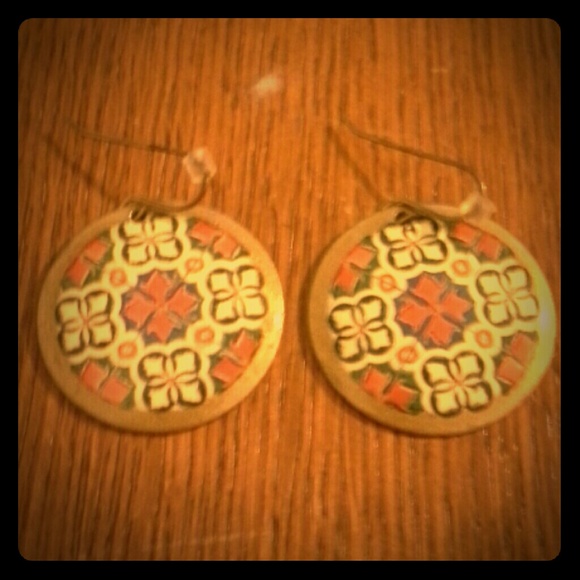 Morrocan Earrings. Gold Cream Red Green and Blue