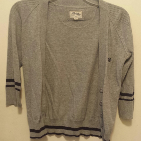 Grey Cardigan with Navy Blue Strips