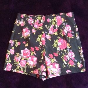Black and Pink Floral High Waisted Shorts